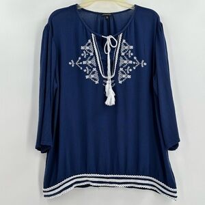 HANNAH Women’s Dark Blue with White Embroidery & Tassle Tie Top Size Medium